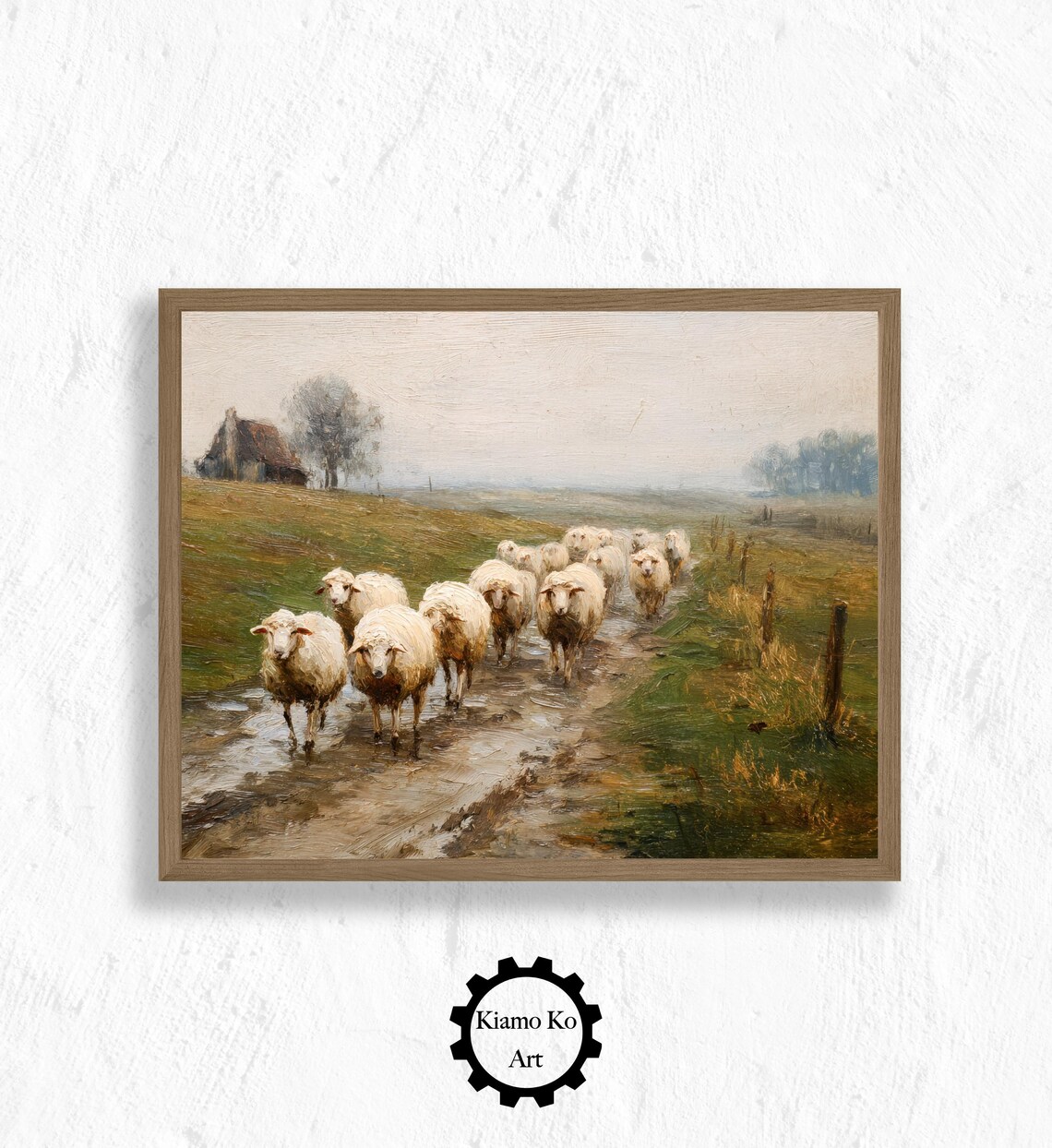 Flock Of Sheep On Muddy Country Road Vintage Farmhouse Painting Poster