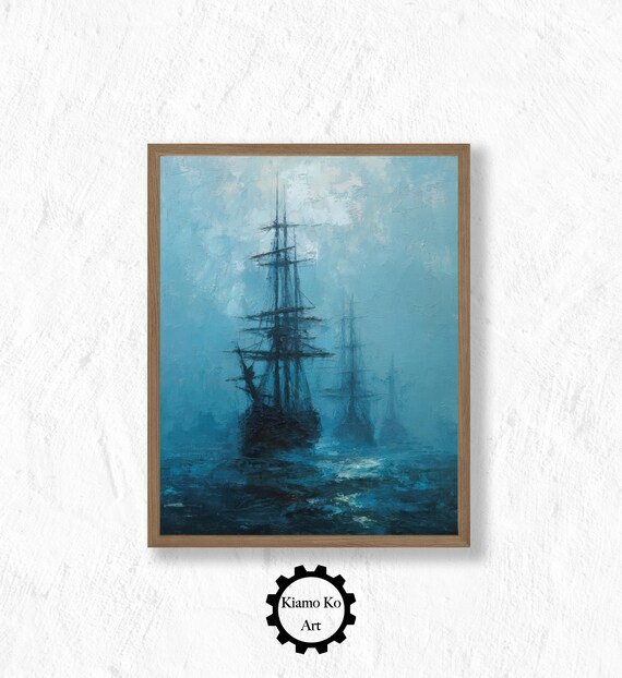 Tall Sailing Ships In Blue Mist Maritime Oil Painting Poster
