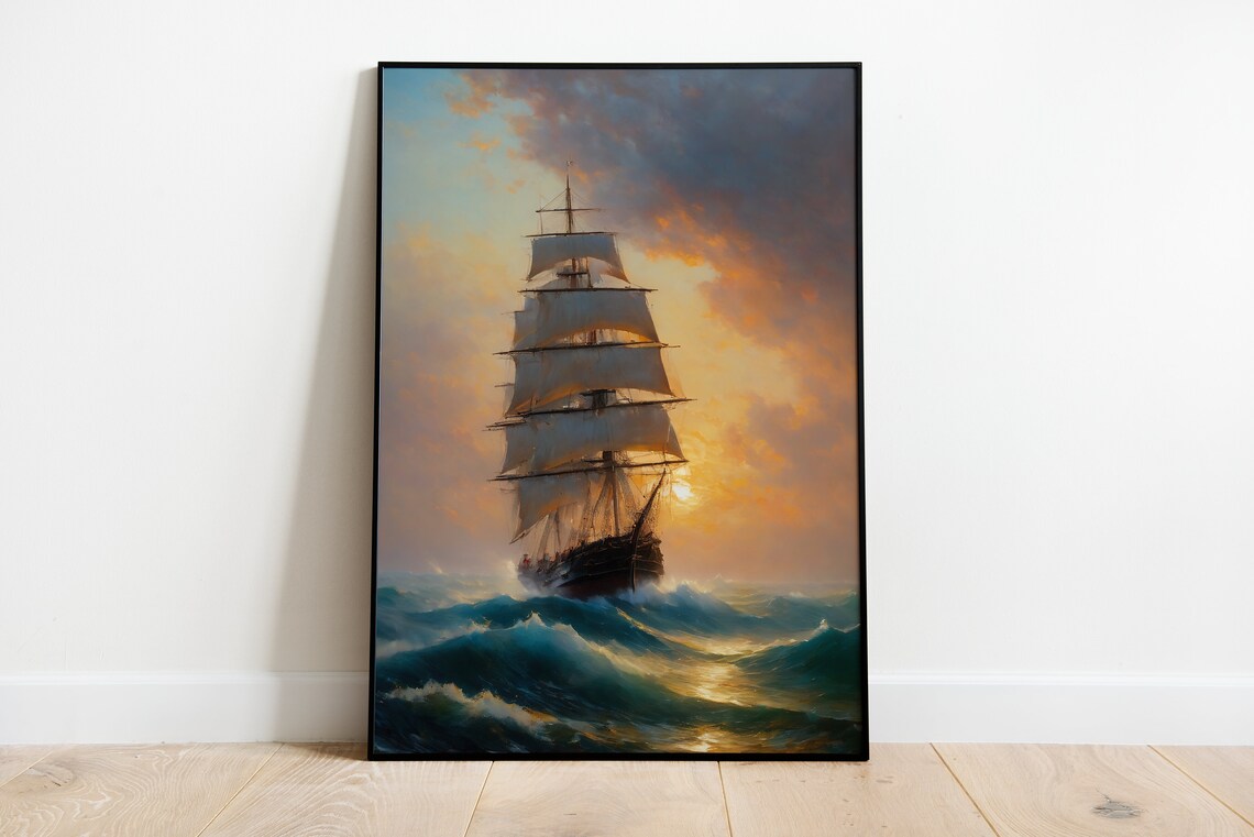 Tall Ship Full Sails Stormy Sunset Sea Classic Maritime Art Print