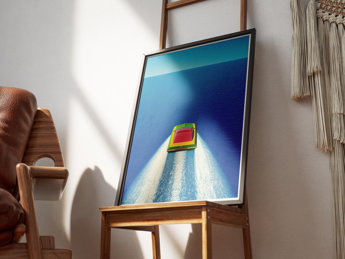 Colorful Speedboat Aerial Seascape Minimalist Ocean Art Poster - Image 3