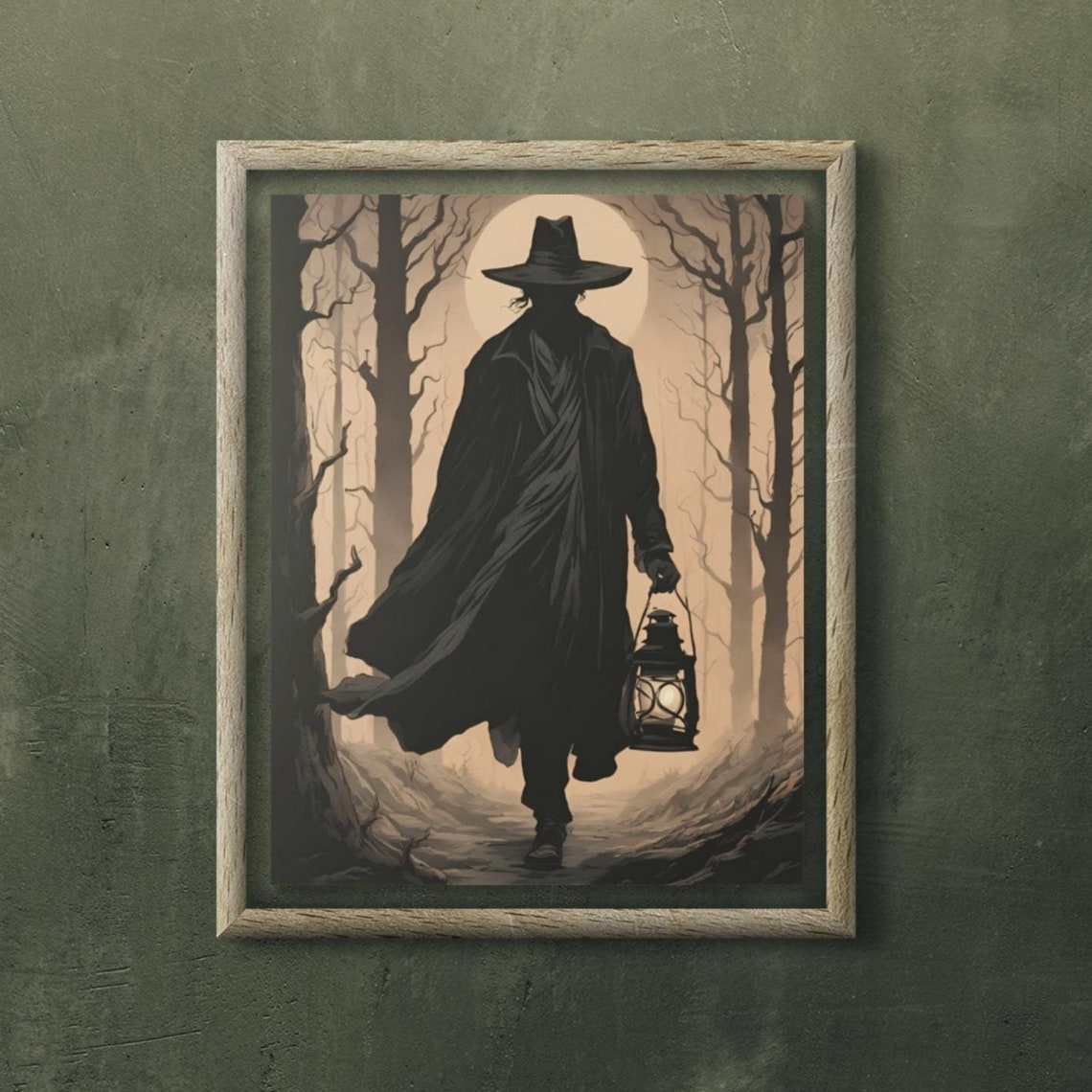 Gothic Western Figure with Lantern in Moonlit Forest Dark Poster