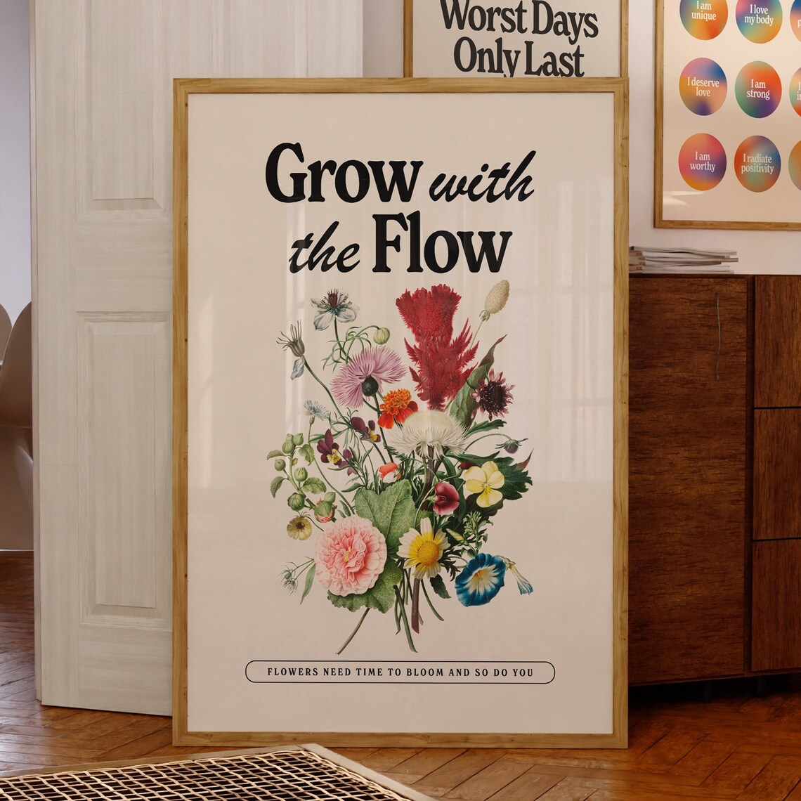 Positive Quote Botanical Floral Art Print, Retro Decor
