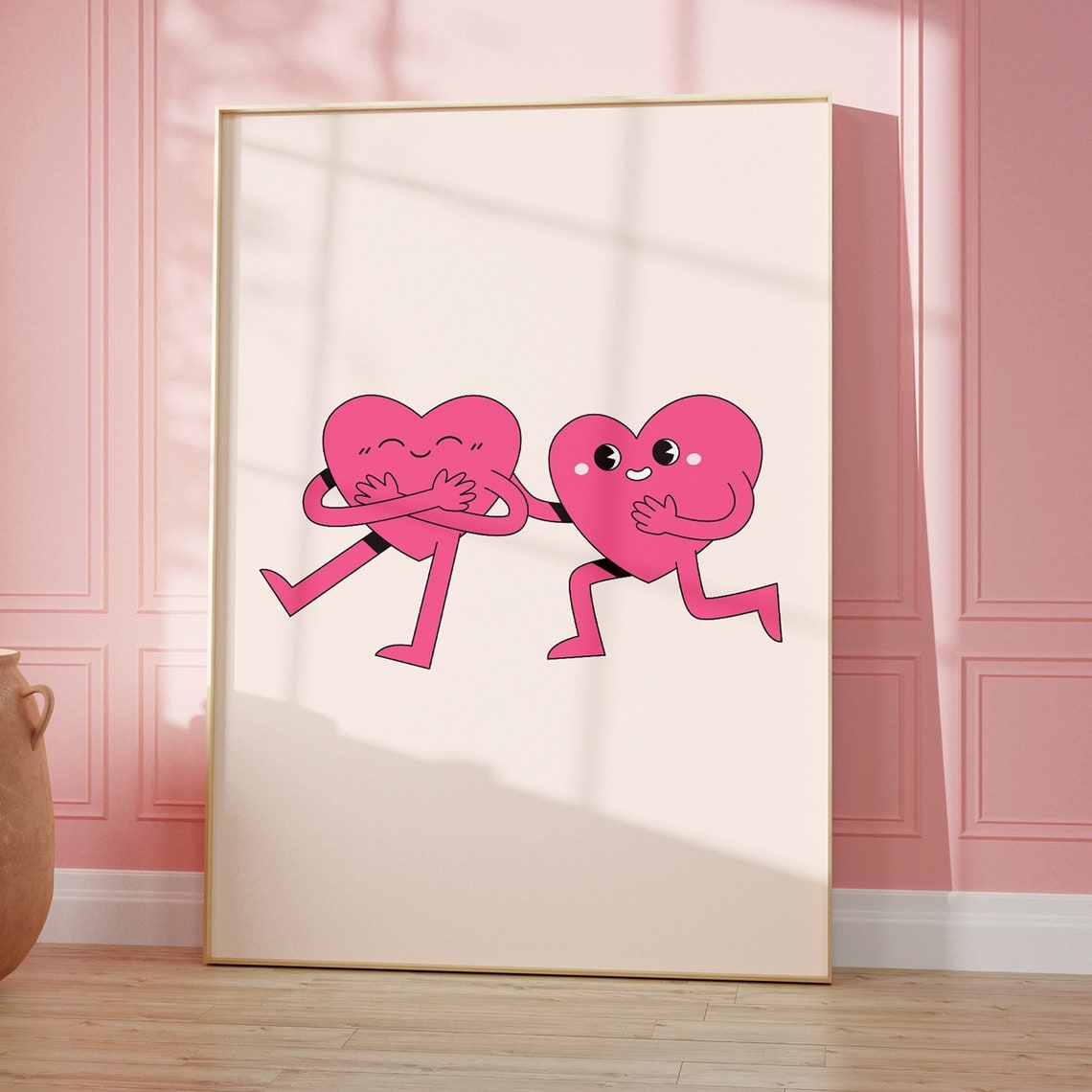 Two Pink Hearts Hugging Cute Cartoon Love Valentine Day Poster