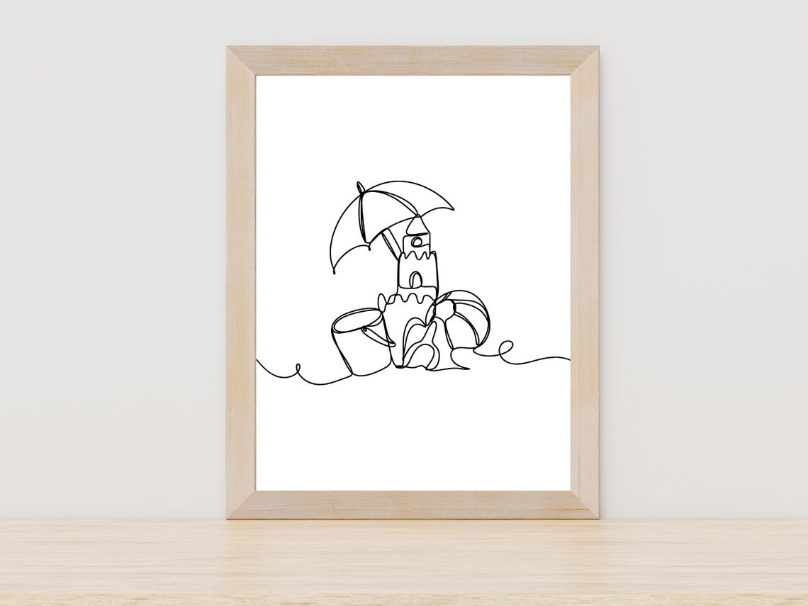 Sandcastle Beach Line Art Umbrella Coastal Summer Decor Poster