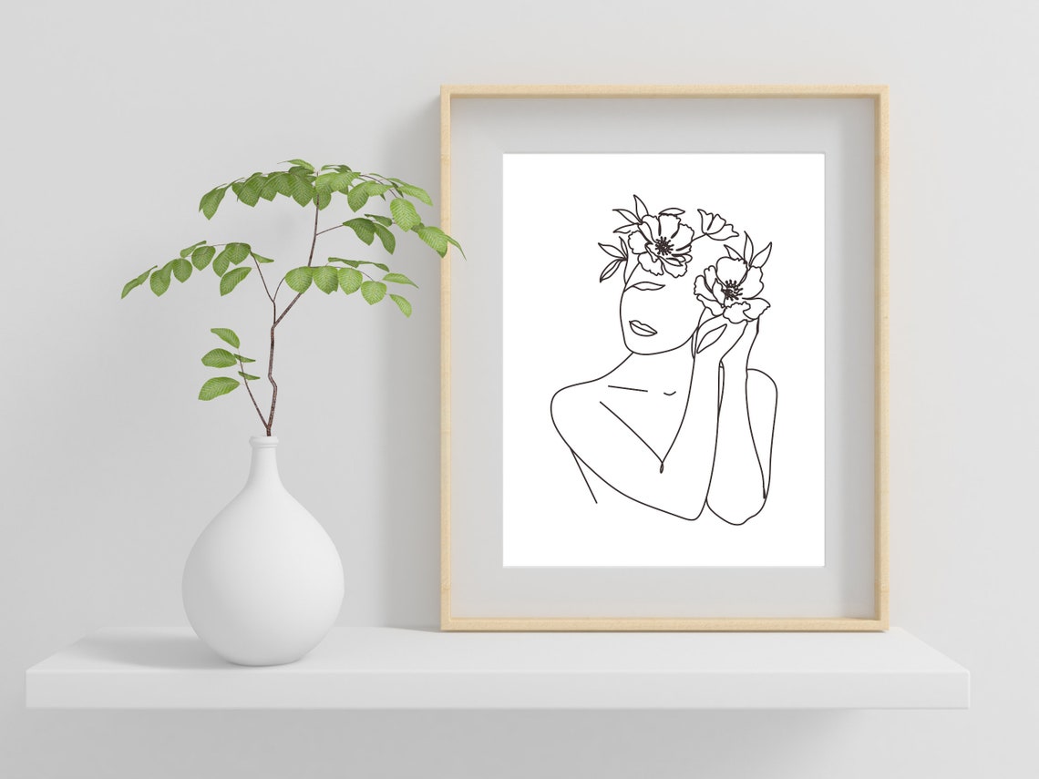Woman Line Art Print With Flowers Line Drawing Woman Flower Naked Woman Line Art Body Line Drawing Abstract Woman Body Line Drawing Art - Image 3