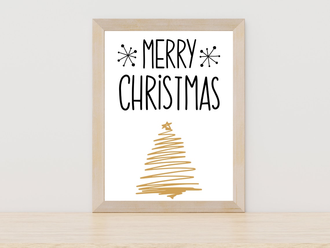 Merry Christmas Hand Lettered Gold Tree Festive Holiday Decor Print