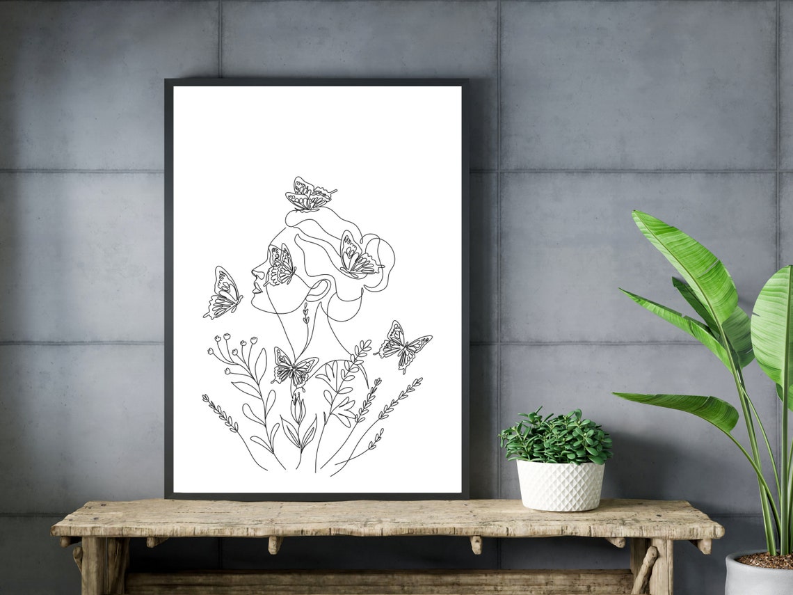 Floral Female Line Art With Butterflies Female Face Line Art Line Art Face With Flowers Woman Face Line Drawing Woman Line Art - Image 3
