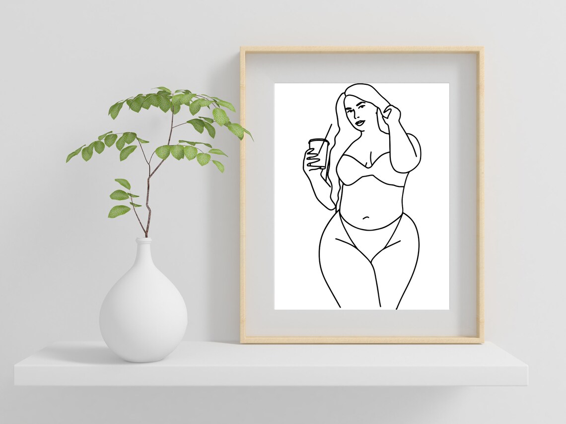 Curvy Woman Holding Drink Line Art Body Positive Confidence Poster - Image 3