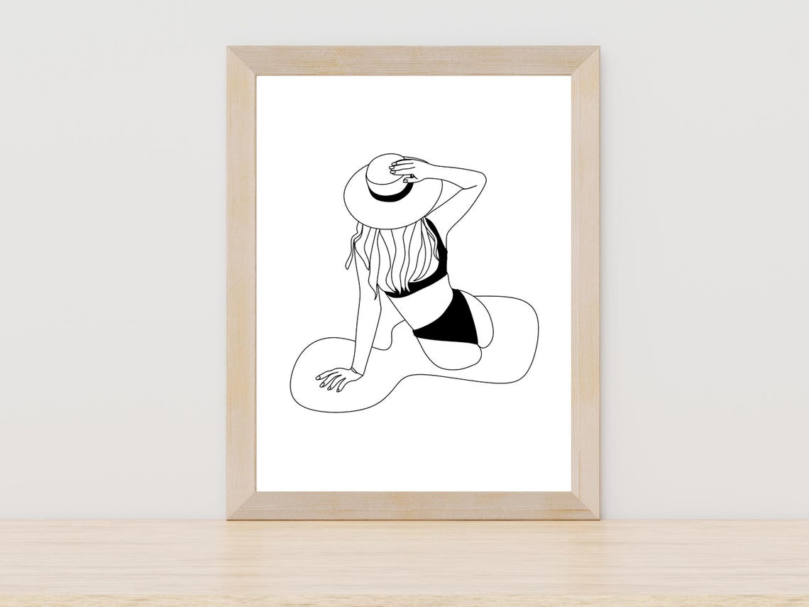 Woman In Bikini And Sun Hat Line Art Summer Beach Back View Poster