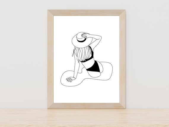 Woman In Bikini And Sun Hat Line Art Summer Beach Back View Poster