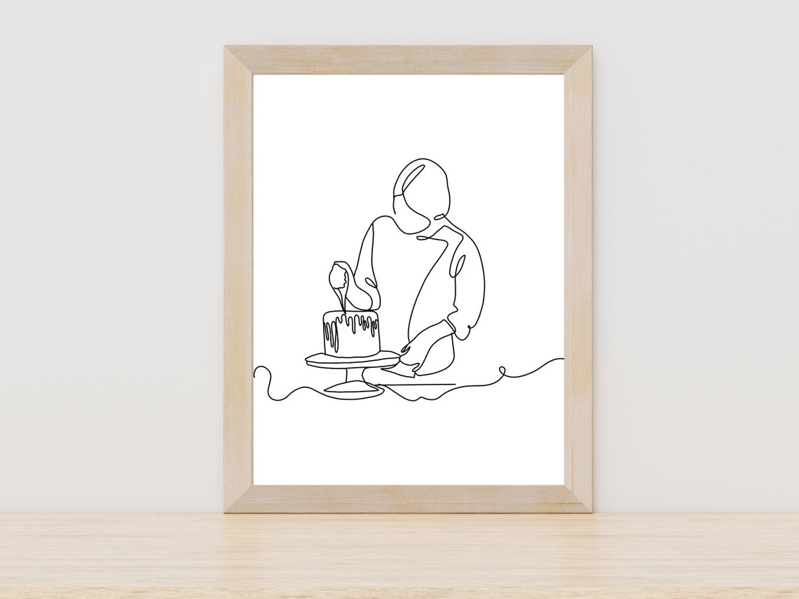 Cake Decorating Line Art Baker Piping Frosting Minimalist Poster