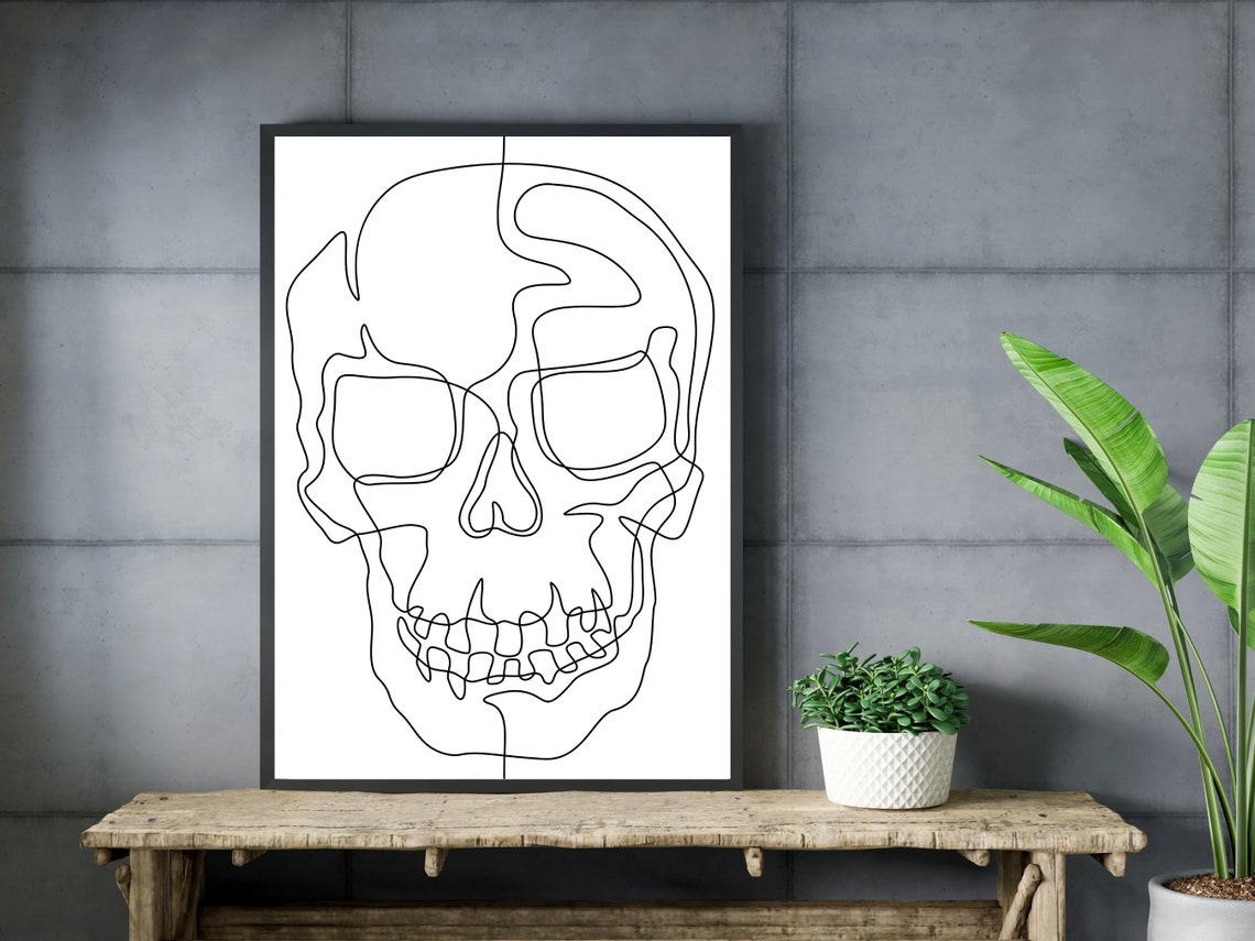 Human Skull Continuous One Line Art Spooky Minimalist Poster - Image 3