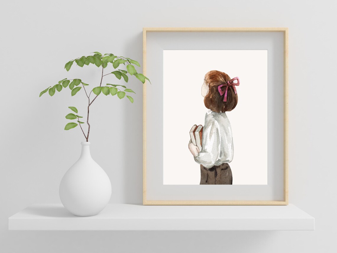 Watercolor Girl With Books Pink Bow Back View Nursery Art Poster - Image 2