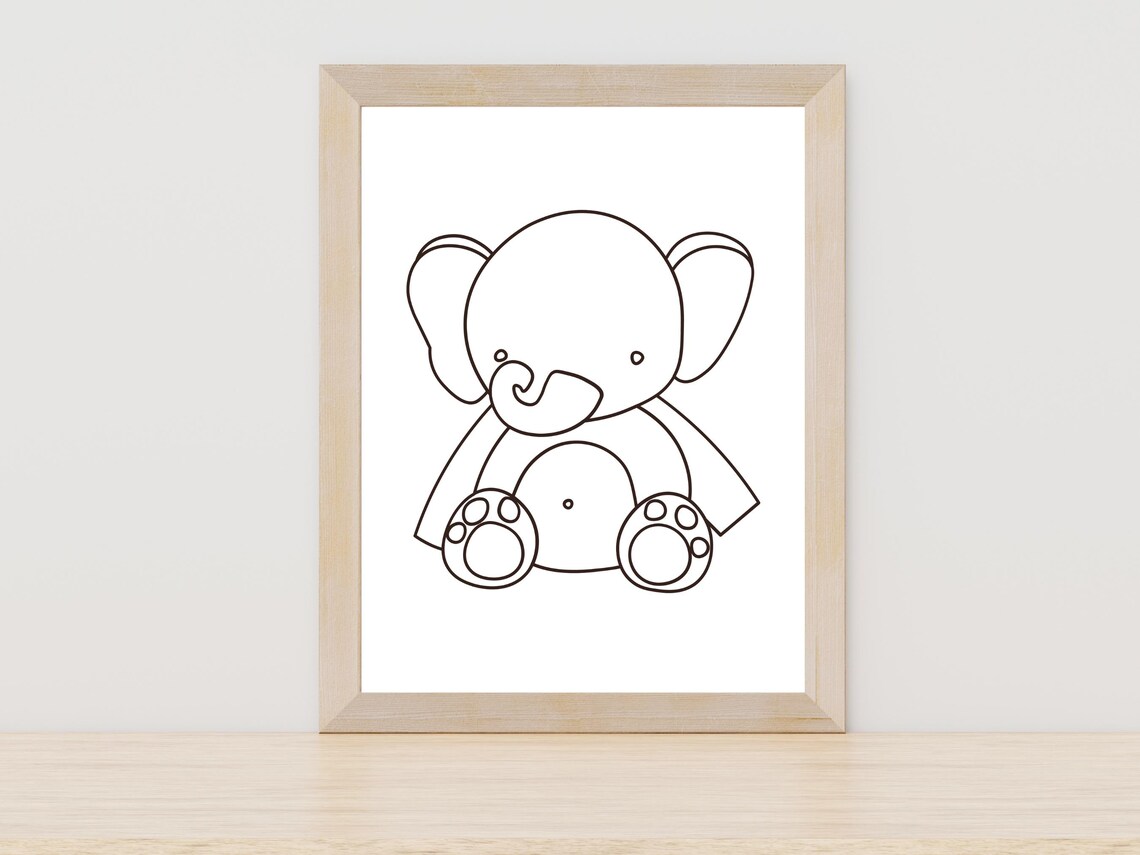 Baby Elephant Cartoon Line Art Cute Nursery Kids Room Decor Poster