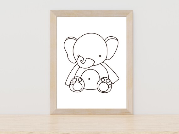 Baby Elephant Cartoon Line Art Cute Nursery Kids Room Decor Poster