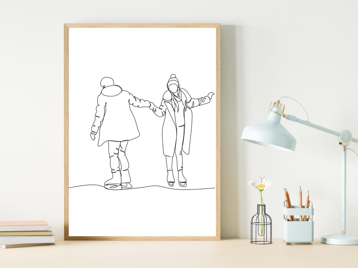 Romantic Couple Ice Skating Hand In Hand Winter Line Art Poster - Image 2