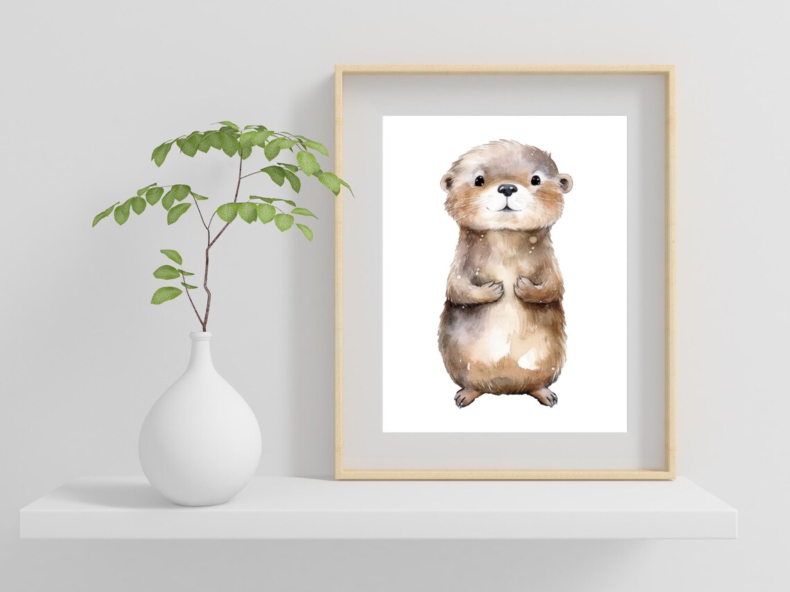 Cute Watercolor Baby Otter Nursery Animal Minimalist Art Print - Image 2