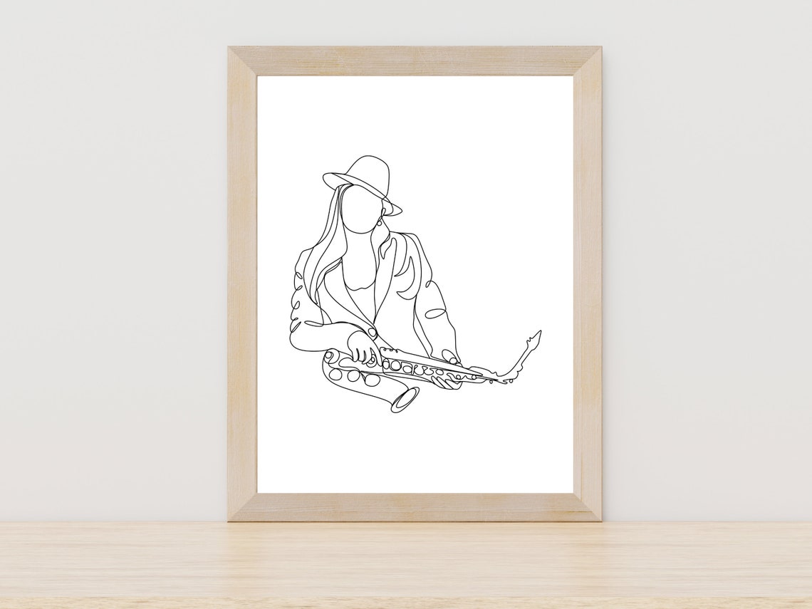 Woman In Hat Playing Saxophone Relaxed Minimalist Line Art Print