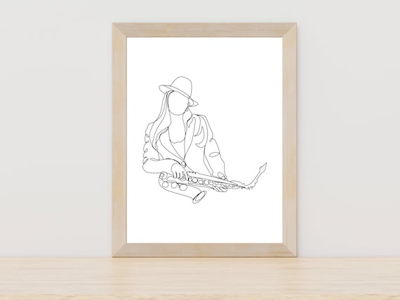 Woman In Hat Playing Saxophone Relaxed Minimalist Line Art Print