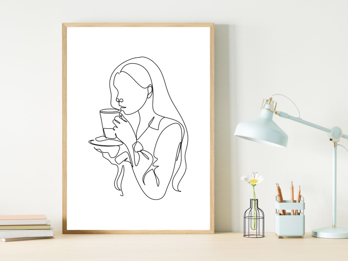 Elegant Woman Drinking Coffee Continuous One Line Art Poster - Image 3