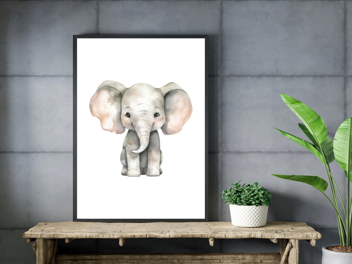 Cute Baby Elephant Watercolor Painting Nursery Animal Wall Art - Image 3