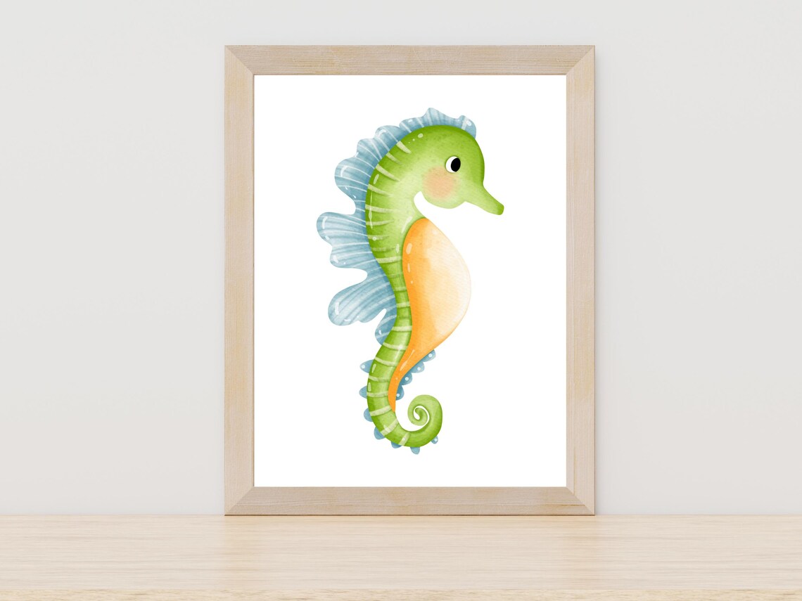 Cute Green Seahorse Watercolor Under the Sea Nursery Art Poster
