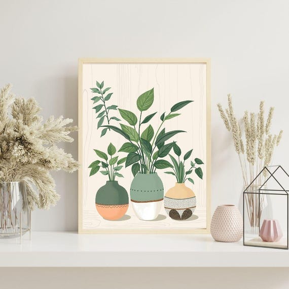 Boho Houseplants Art Print Earthy Botanical Home Decor