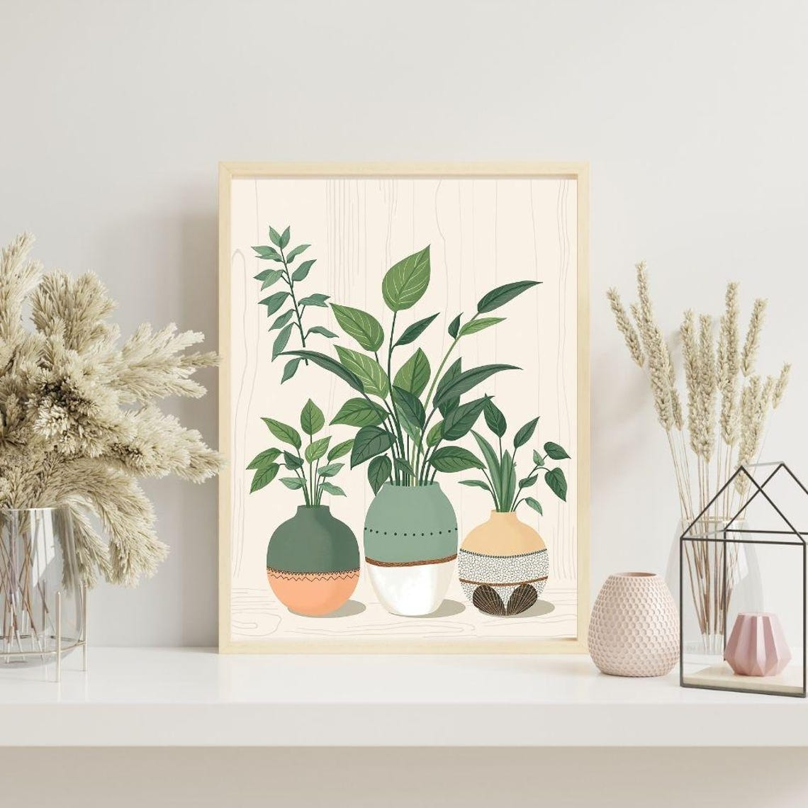 Boho Houseplants Art Print Earthy Botanical Home Decor