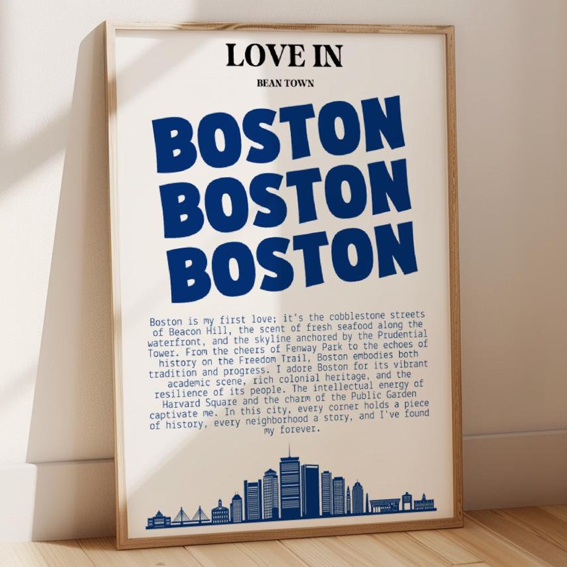 Love In Bean Town Boston Typography Blue Skyline Travel Poster