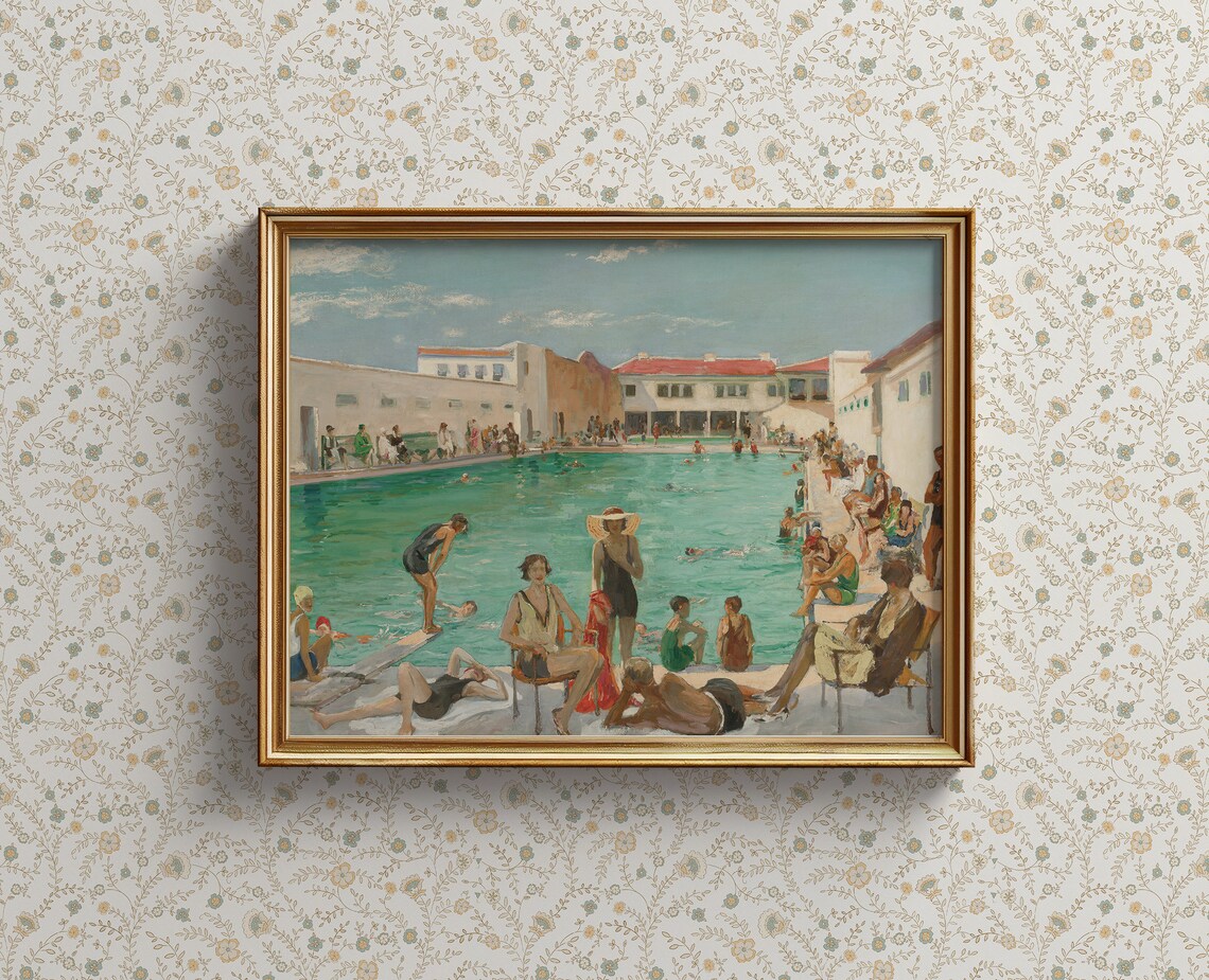 Vintage Poolside Bathers Oil Painting Summer Swimming Poster