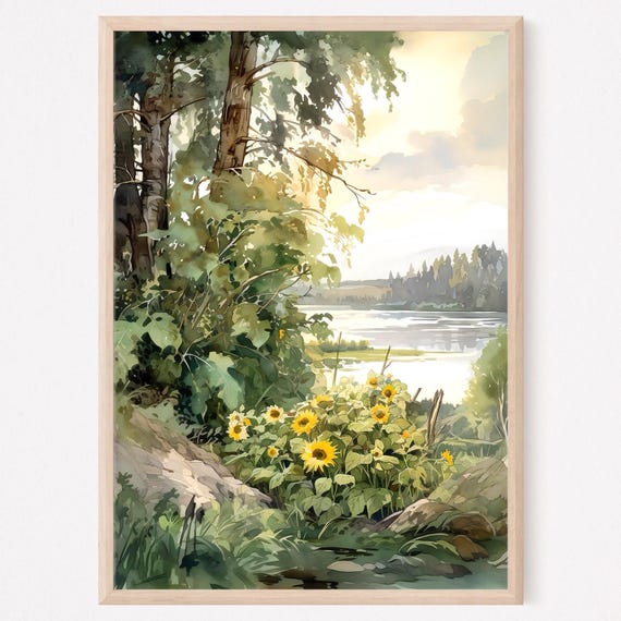 Country Landscape Rural River Art Print Summer Sunflowers Field Watercolor Wall Art Rustic Nature Poster Home Decor Gift