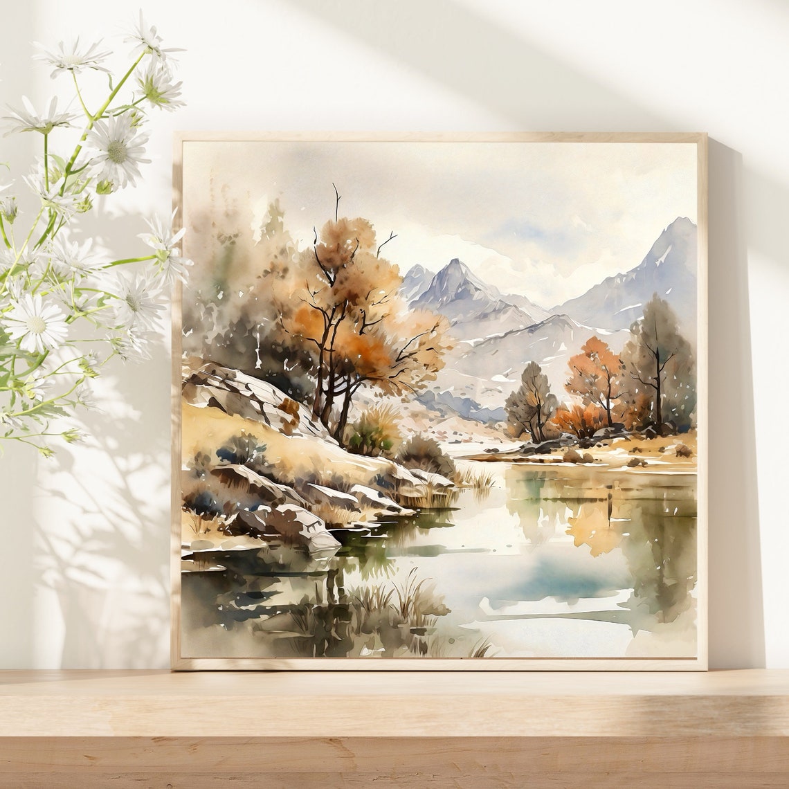 Autumn Lake Golden Trees Mountain Reflection Watercolor Art Print - Image 5
