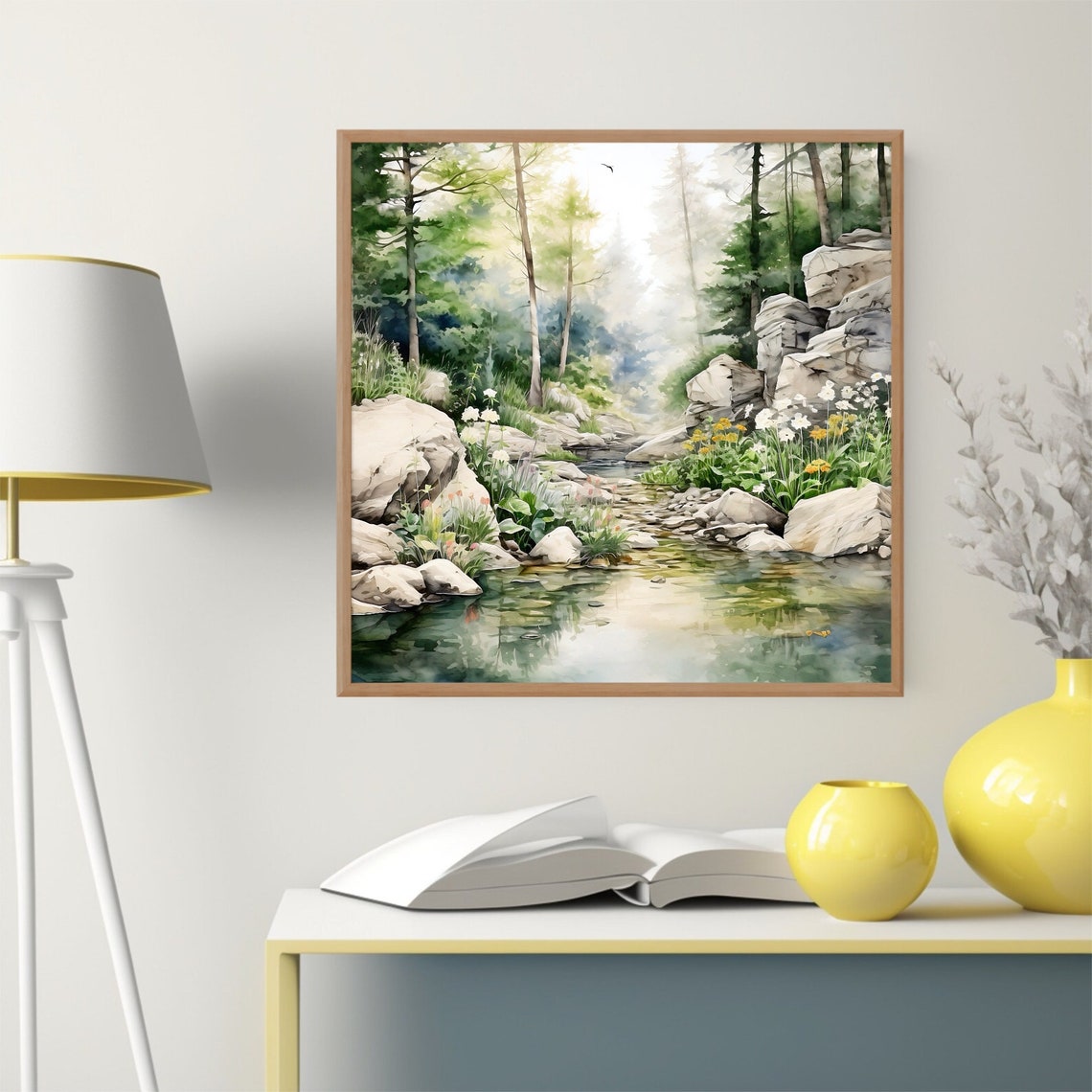 Misty Stream Through Boulders Wildflowers Soft Watercolor Poster - Image 5