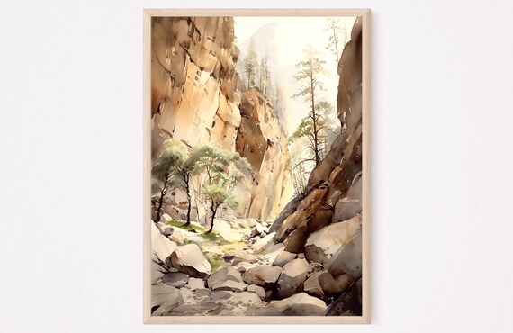 Rocky Canyon Watercolor Landscape with Trees Desert Cliffs Poster