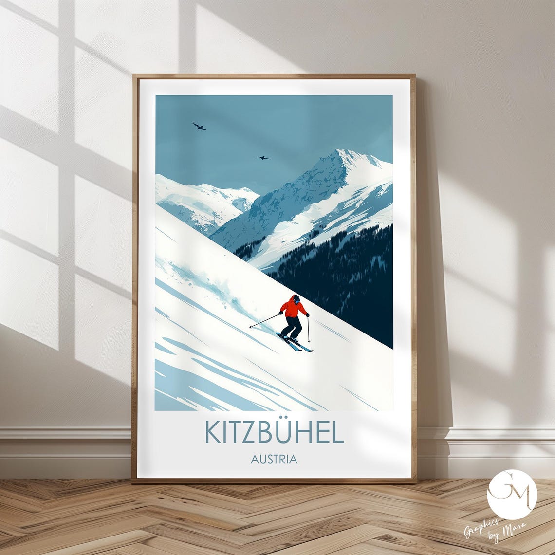 Kitzbuhel Austria Minimalist Alps Ski Travel Poster with Skier