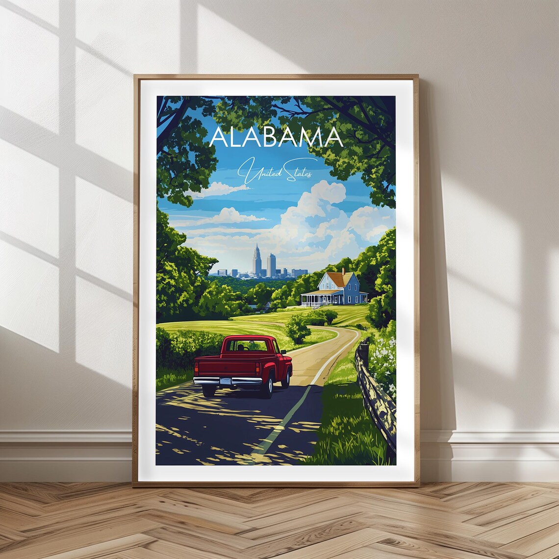 Alabama Red Pickup Truck Country Road Southern Landscape Travel Poster