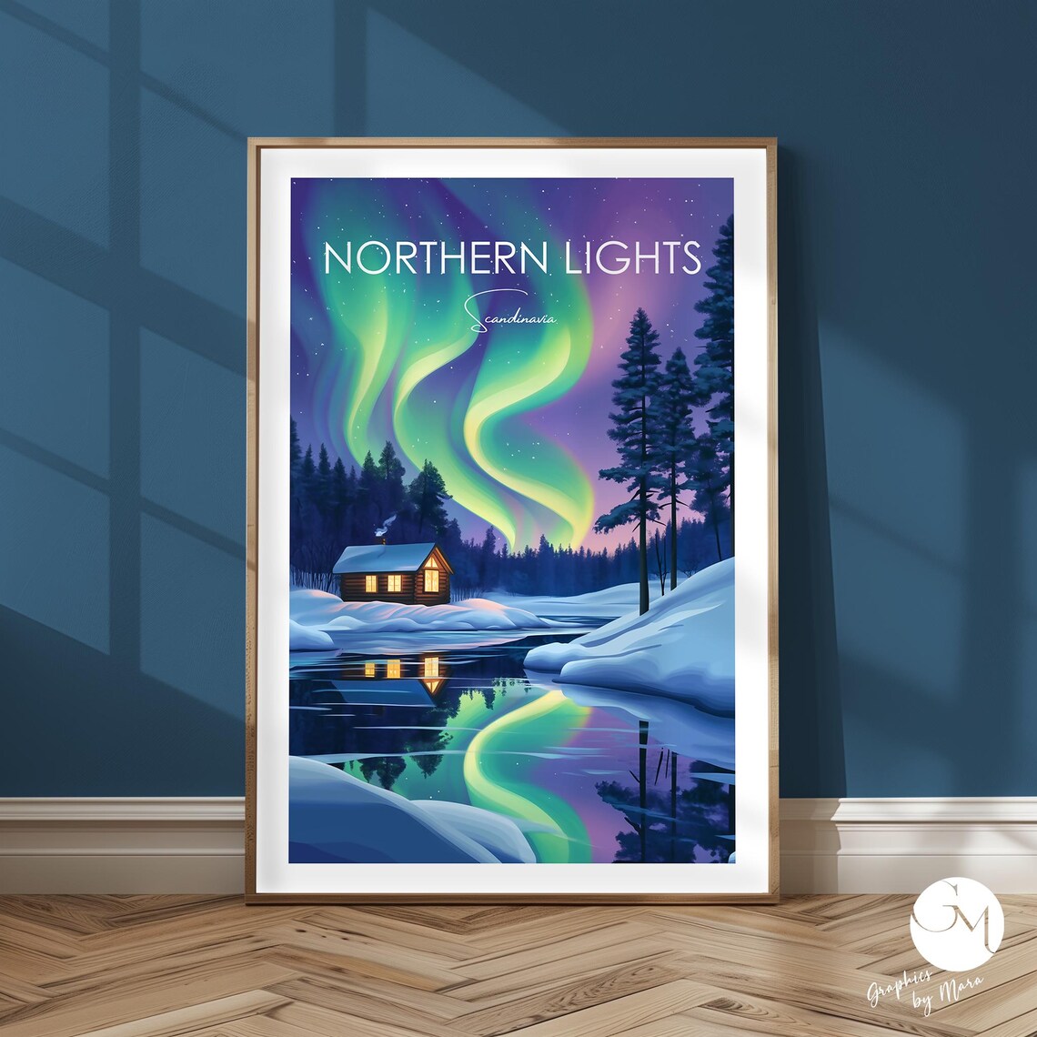 Northern Lights Over a Snowy Scandinavia Cabin Lake Travel Poster