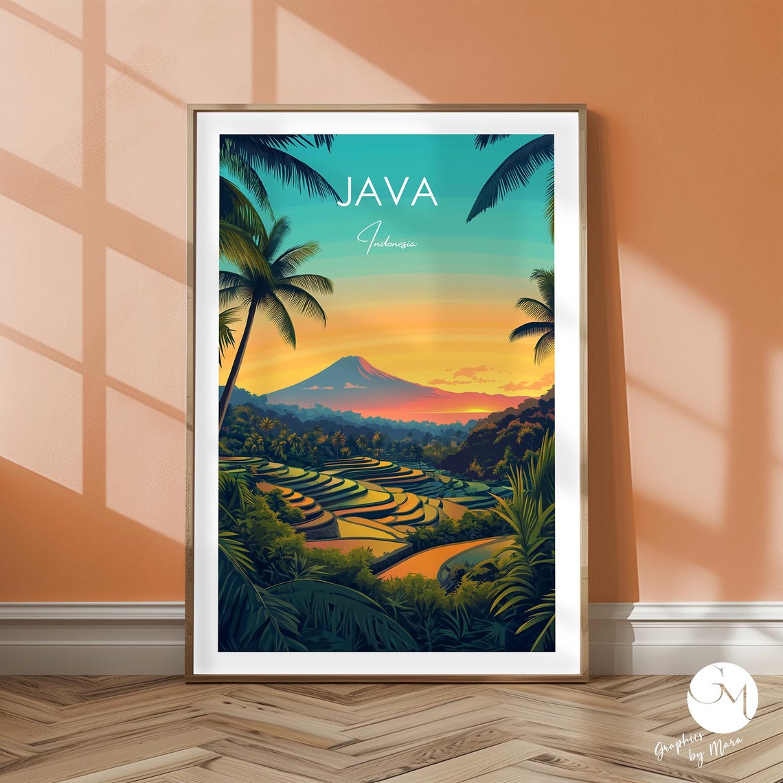 Java Indonesia Volcano and Rice Terraces Sunset Travel Poster