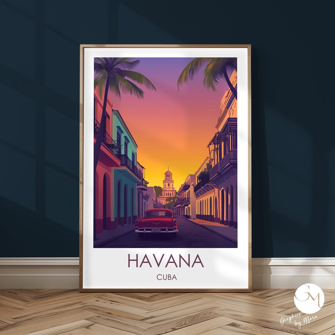 Havana Cuba Old Town Street Classic Car Sunset Travel Poster