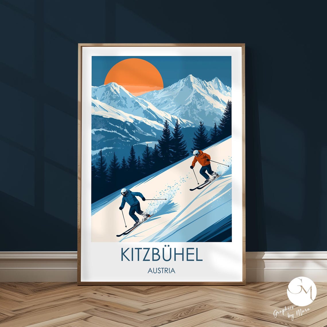 Kitzbuhel Austria Retro Alpine Ski Travel Poster with Skiers