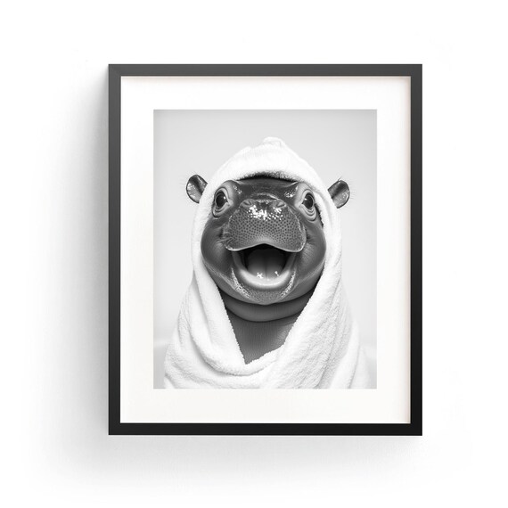 Baby Pygmy Hippo Wrapped in Towel Funny Bathroom Animal Poster