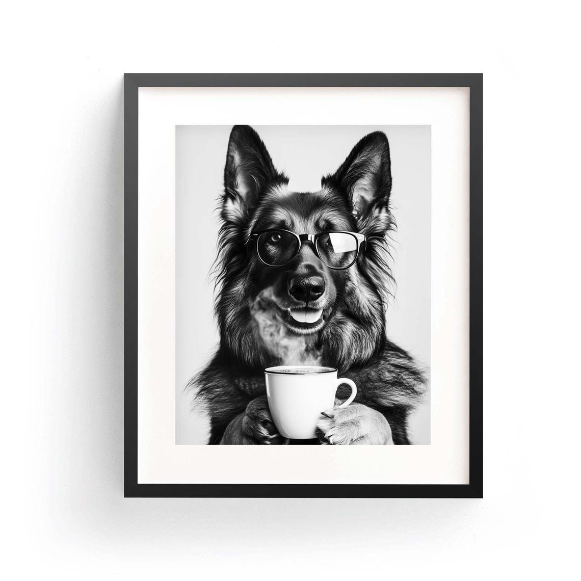 German Shepherd with Glasses Holding Coffee Cup Funny Kitchen Poster