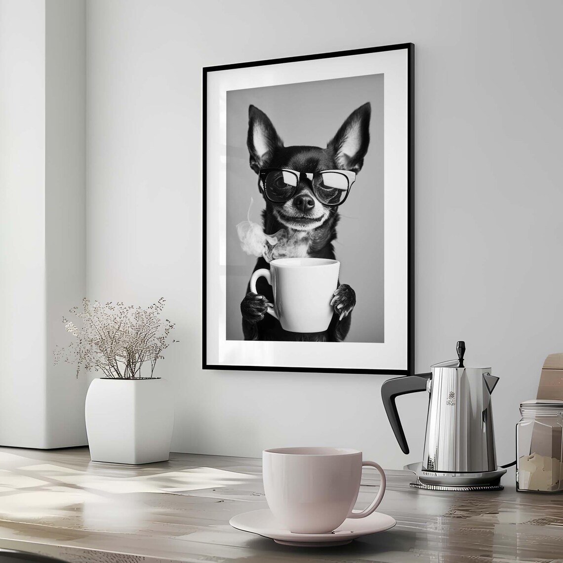 Chihuahua Coffee Poster, Black and White Bar Decor - Image 3