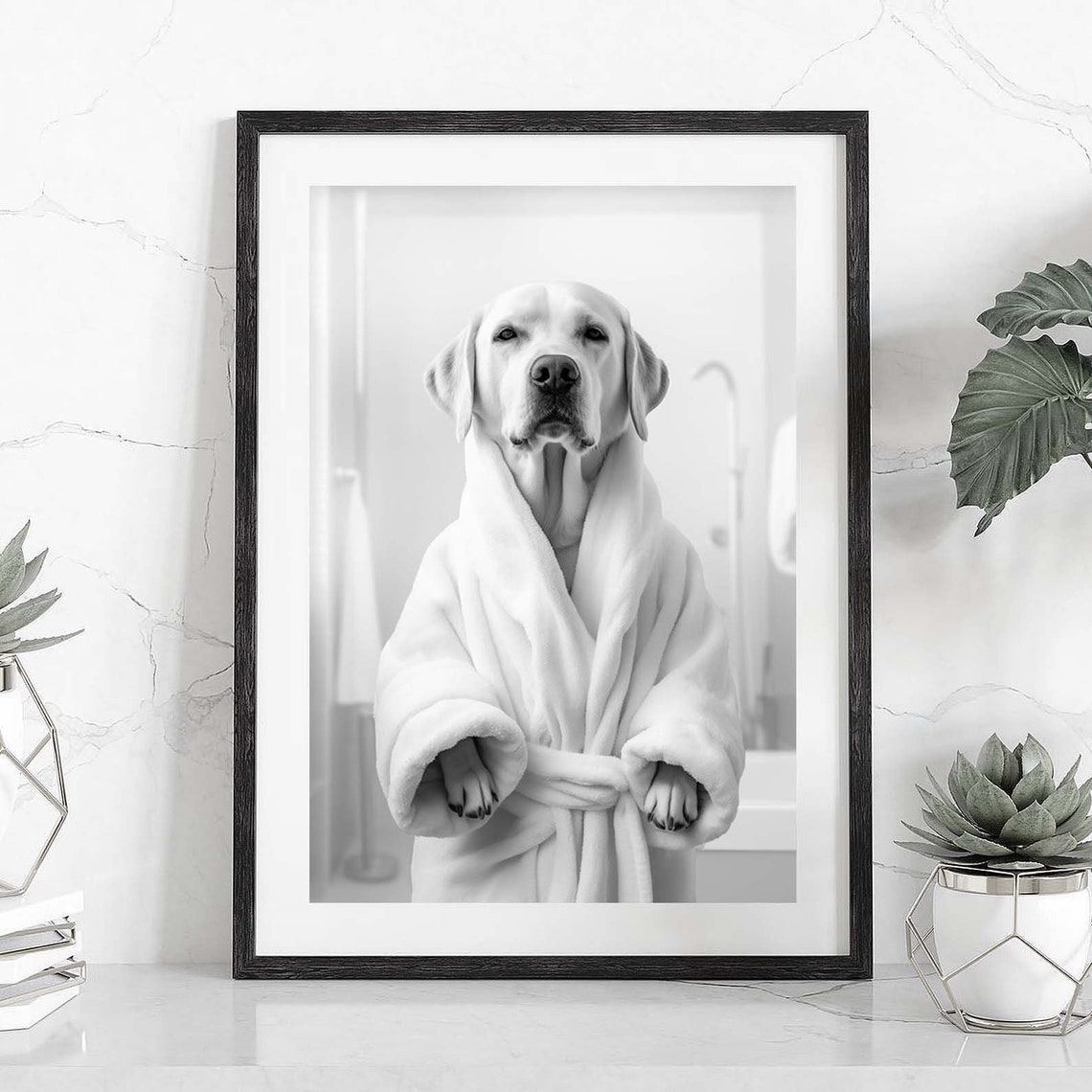 Labrador Retriever In White Bathrobe Black White Funny Dog Poster - Image 2
