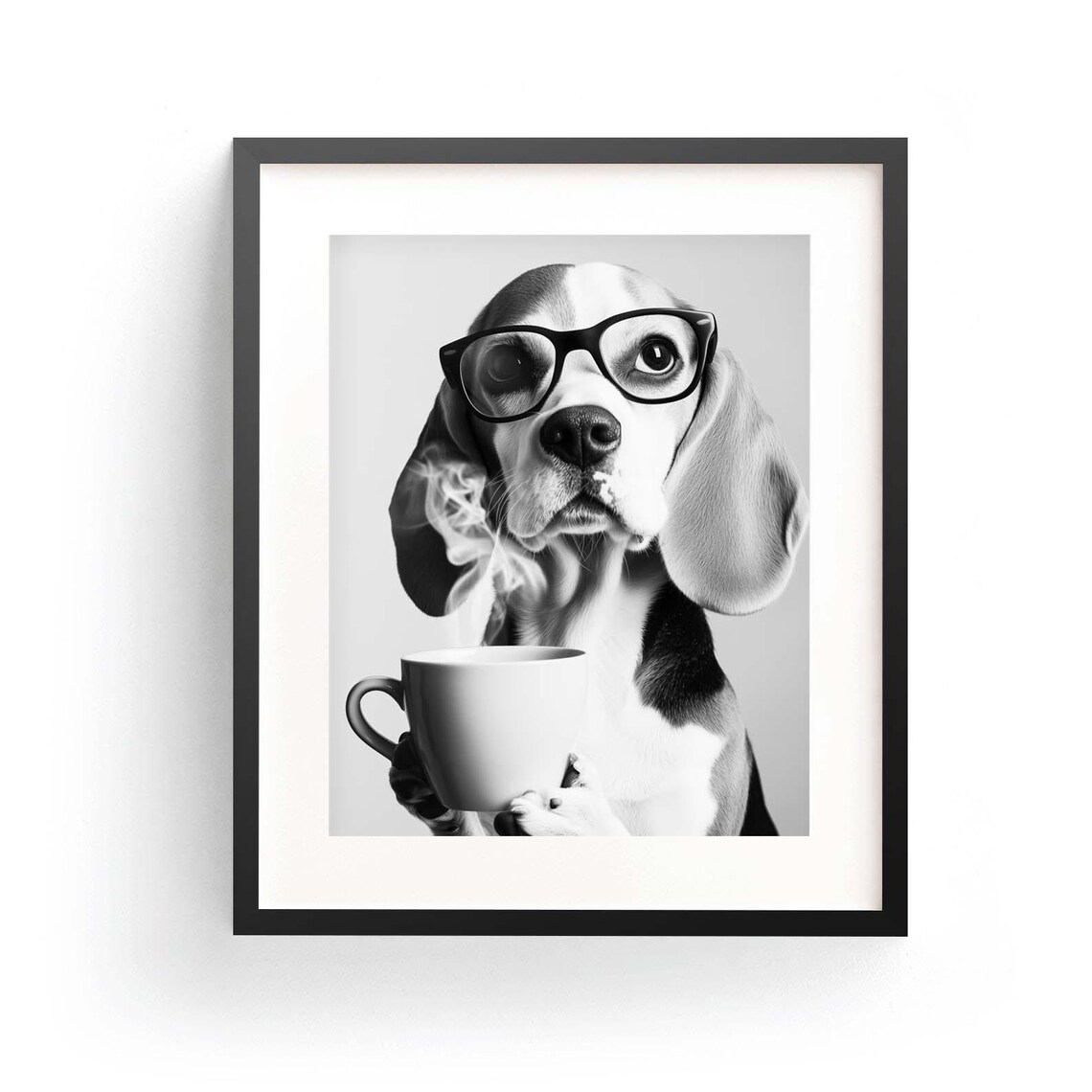 Beagle Coffee Black and White Art Print, Bar Cart