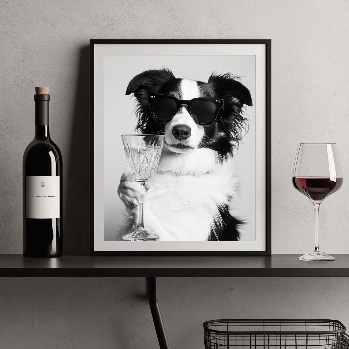 Border Collie in Sunglasses Holding Cocktail Glass Funny Bar Poster