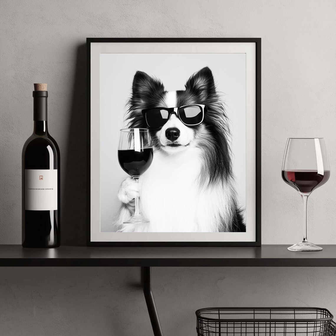 Shetland Sheepdog in Sunglasses Holding Wine Glass Funny Bar Poster