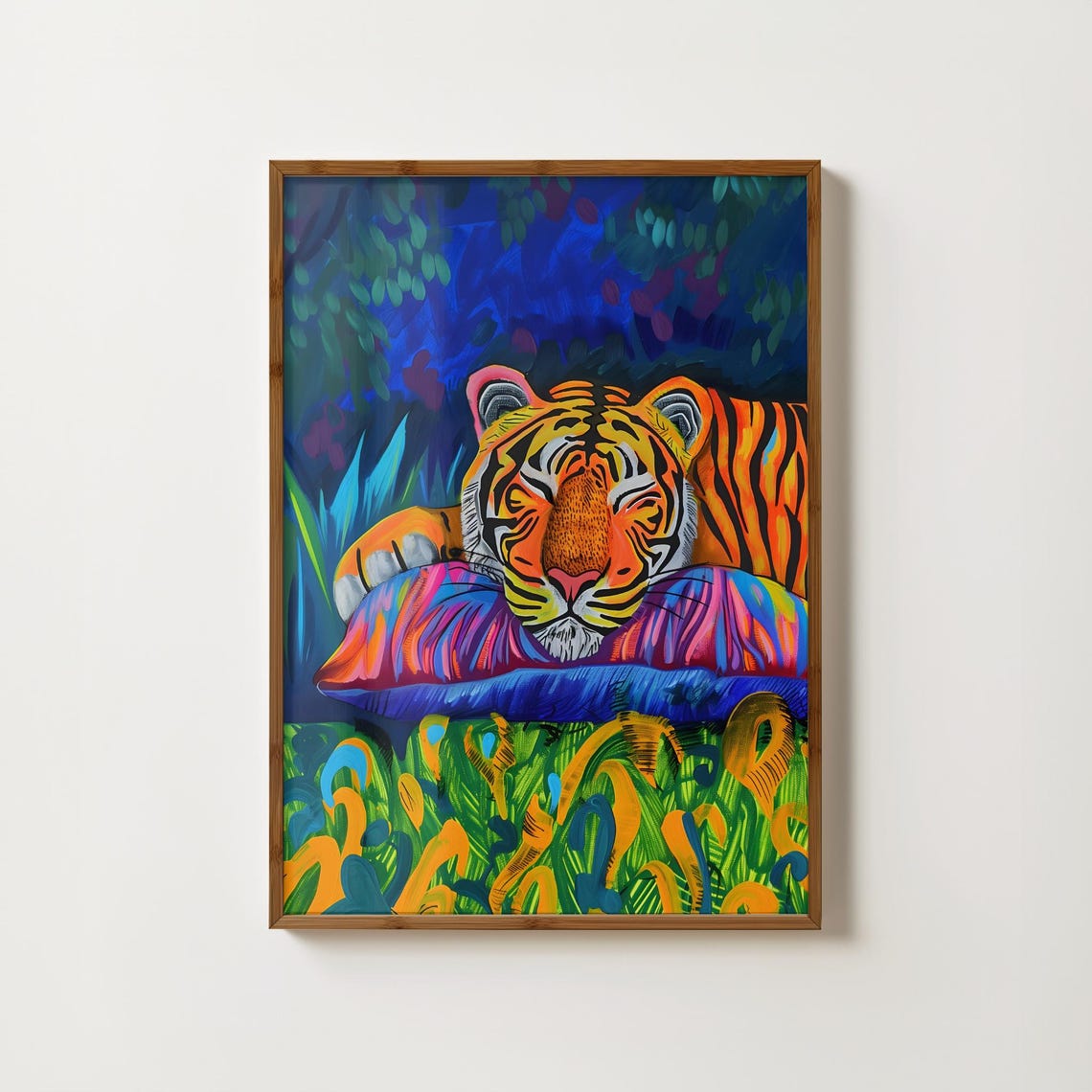 Neon Colorful Tiger Jungle Night Resting Tropical Wall Art Decor