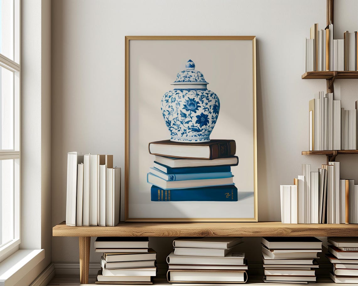 Blue And White Porcelain Ginger Jar On Blue Book Stack Art Poster - Image 4
