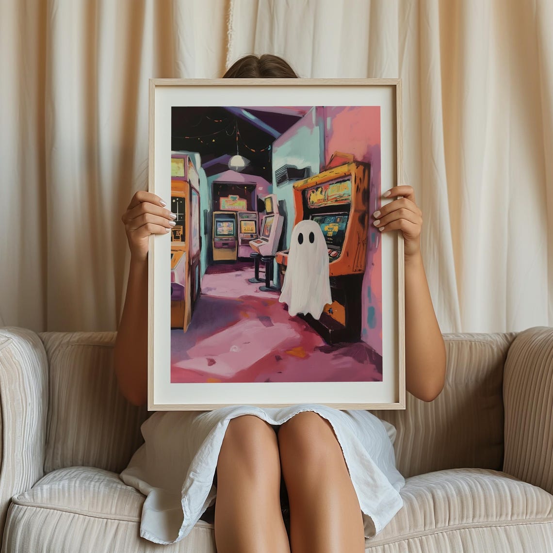 Cute Ghost In Pink Retro Arcade Night Halloween Scene Poster - Image 4
